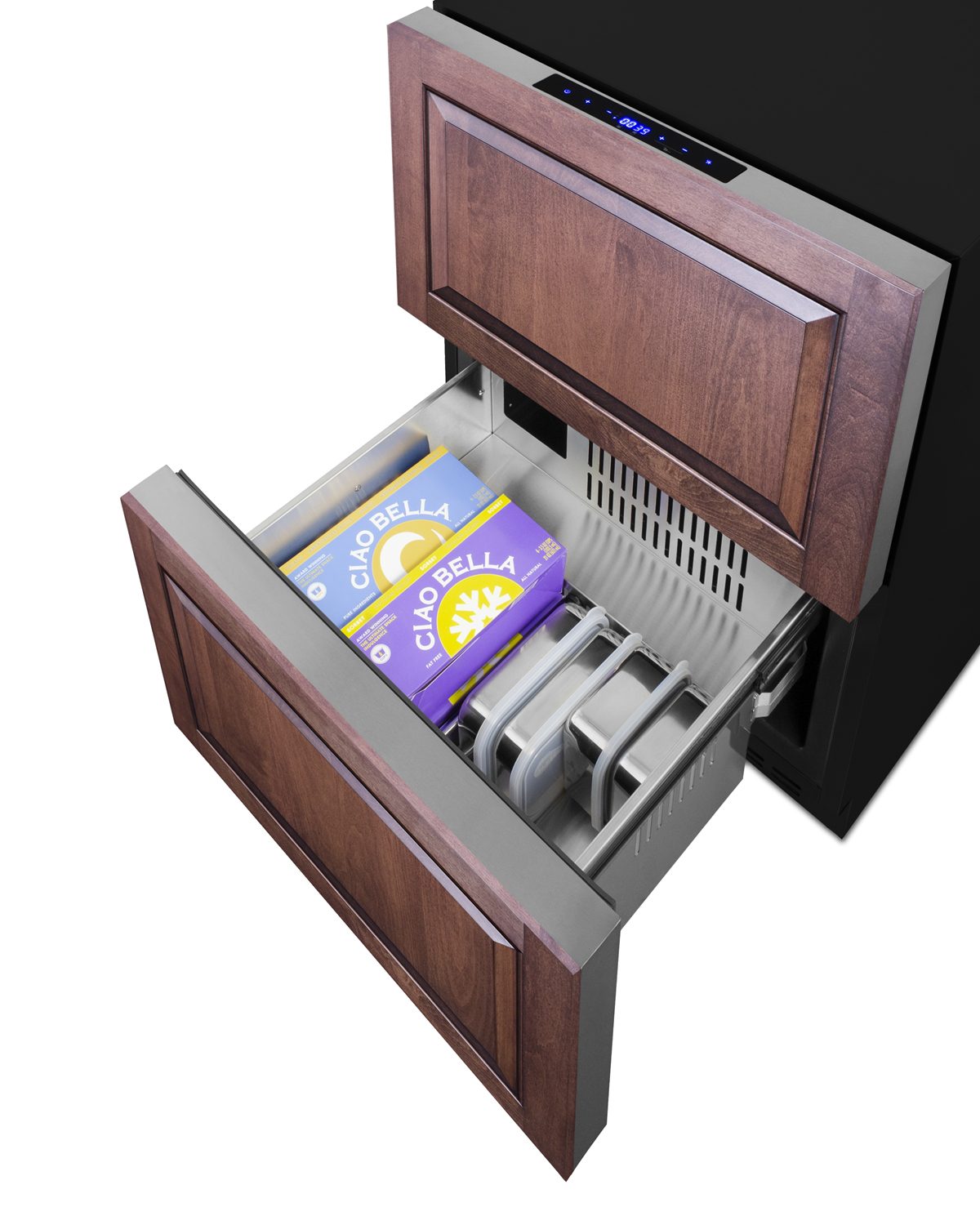 24 in. wide ADA compliant outdoor 2-drawer refrigerator-freezer for residential or commercial use, with panel-ready stainless steel drawer fronts, black cabinet, and digital controls
